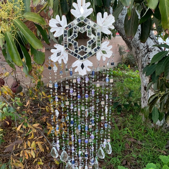 Winter Wonderland Blue Light Wind Chime Sun Catcher w/ Mosaic Mirrors & Crystals - Picture 7 of 11
